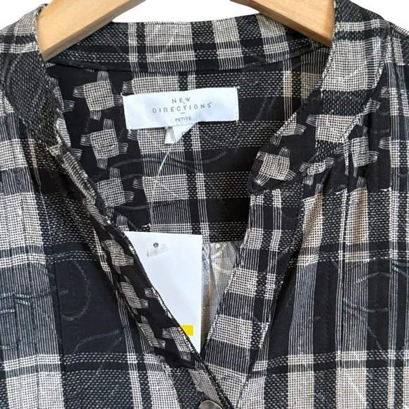 NWT New Directions Plaid Henley Fall Base 3/4 Sleeve Black White Women’s Size SP - Picture 5 of 10